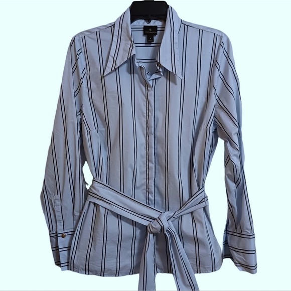 Worthington Tops - Striped button up tie waist shirt sz L blue business professional office